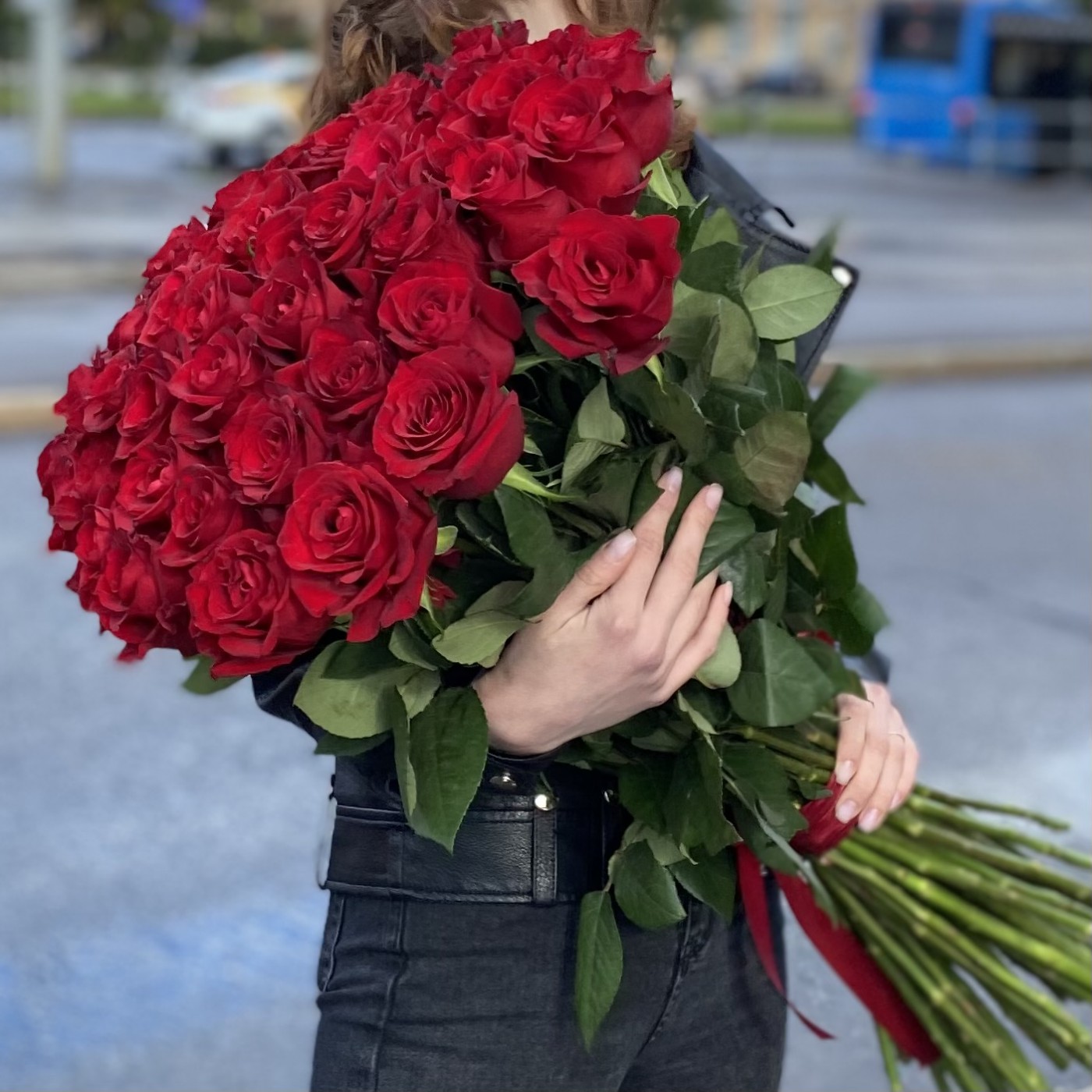 51 красная роза Premium 80 см.